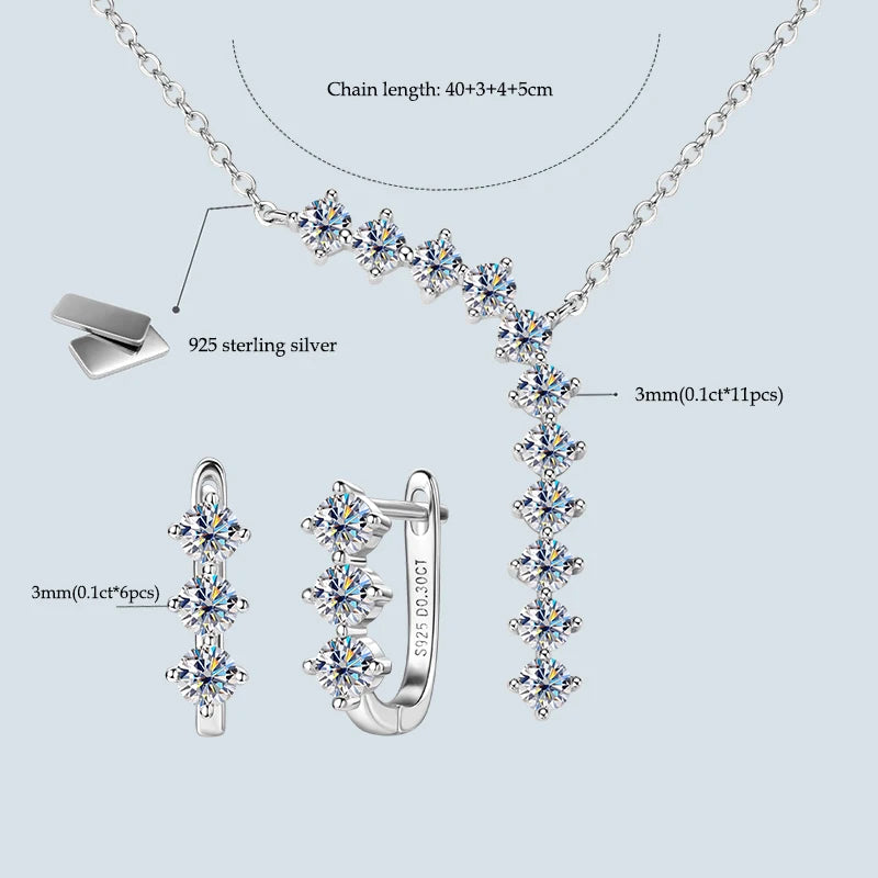 Anziw Luxury 1.7cttw Moissanite Diamond Jewelry Sets 925 Sterling Silver Necklace Hoop Earrings for Women Wedding Party Jewelry