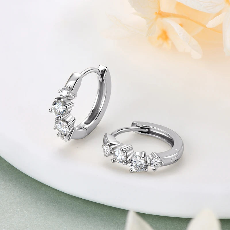 Anziw 925 Sterling Silver 4 Stones Moissanite Irregular  Hoops Huggie Earrings for Women 3mm&2mm Round Cut Lad Diamond Jewelry