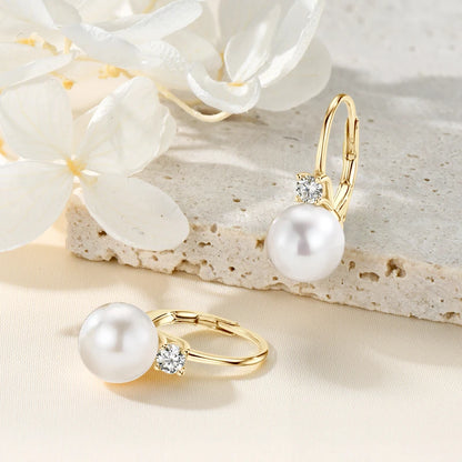 Anziw 925 Sterling Silver 8-9mm Natural Freshwater Pearl and 3mm Moissanite Hoop Drop Earrings Wedding Fine Jewelry for Women