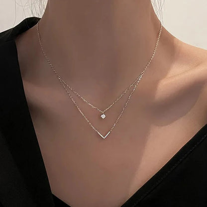 Anziw V Letter 5mm Moissanite Pendant Double Layer Necklace for Women 925 Sterling Silver Chain Clavicle 2025 New Jewelry Gifts