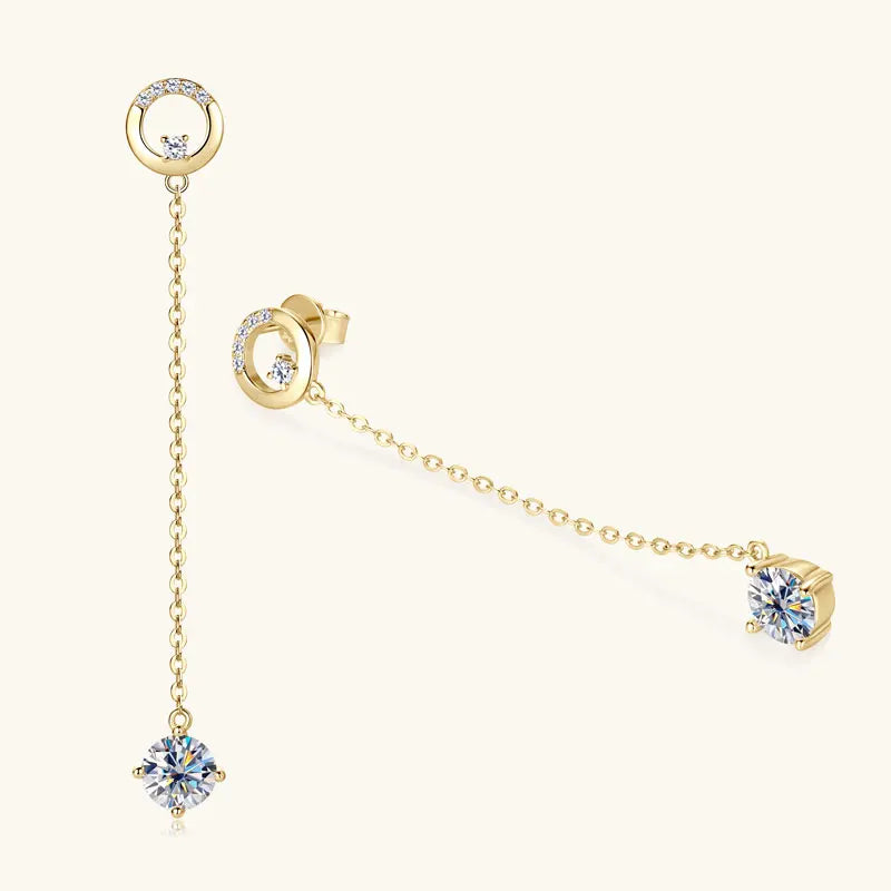 Anziw 6.5mm 1.0ct D Moissanite Drop Earrings for Women 925 Silver Circle Stud Long Chain Dangle Earrings Certified Jewelry Gifts