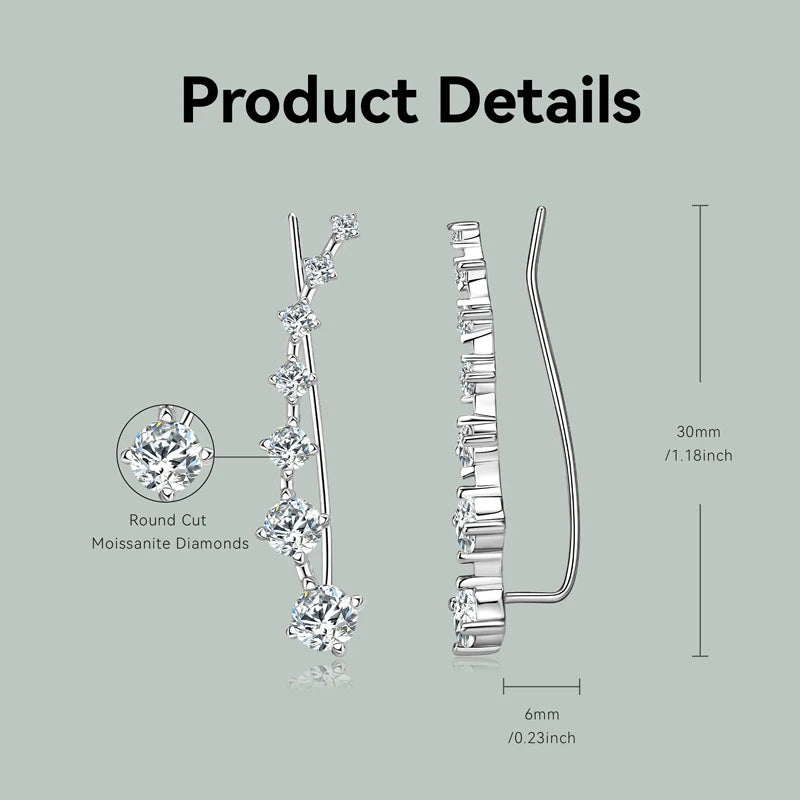 Anziw 925 Silver Full Moissanite Earrings Climber 7 Star Crawler Stud Ear Cuff for Women Black White Moissanite Jewelry Gifts