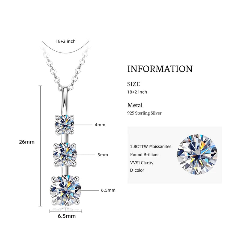 4mm&3.5mm&3mm 0.60cttw. 3 Stones D Color Moissanite Pendant Necklaces 925 Silver for Women 18K Gold Plated 2025 Trendy Jewelry