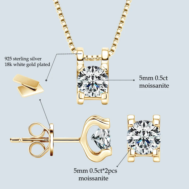 Original 925 Silver Certified 0.5CT D Color Moissanite Jewelry Set Solitaire Pendant Necklace Stud Earrings for Women Gifts S925