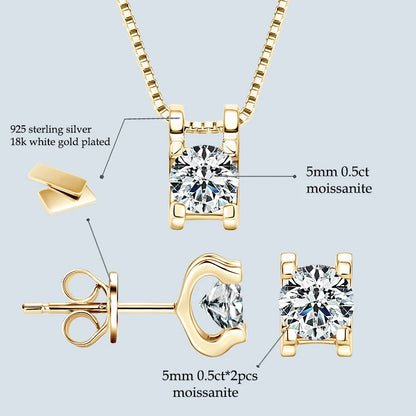 Original 925 Silver Certified 0.5CT D Color Moissanite Jewelry Set Solitaire Pendant Necklace Stud Earrings for Women Gifts S925