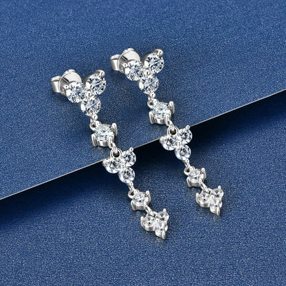Real 925 Silver 4mm D Color Moissanite Long Drop Earrings Piercing Studs Wedding Party Fine Jewelry for Women 2024 Trend Gift