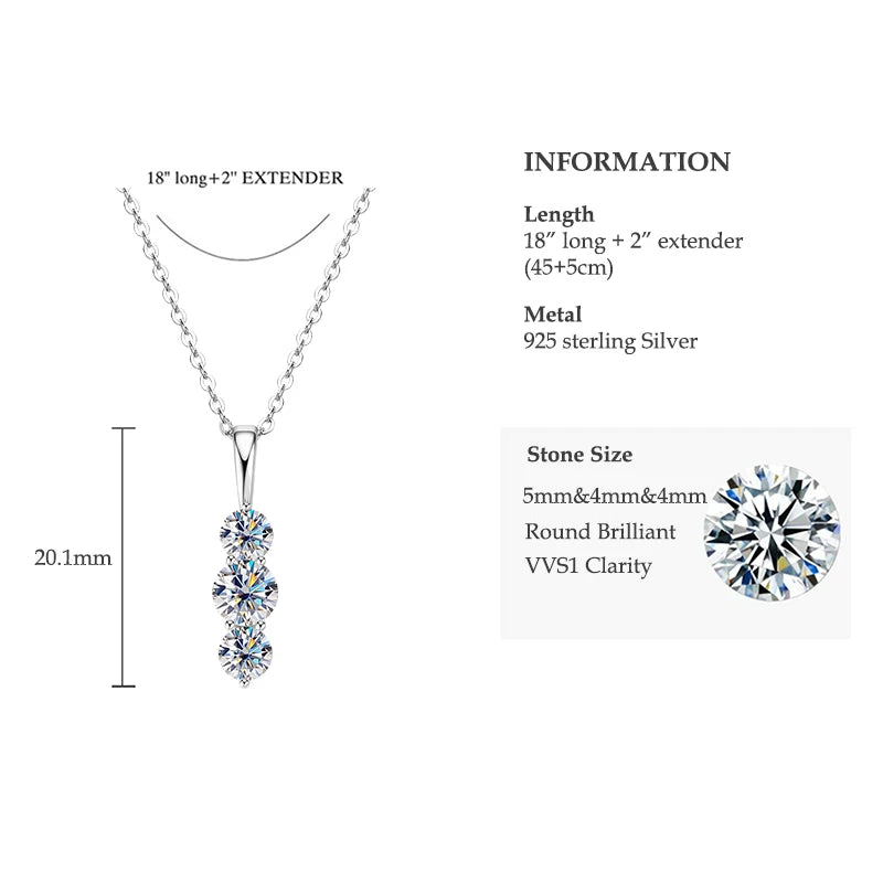 Anziw 1.1ctw. D Moissanite Pendant Necklace for Women 925 Silver Three-Stone Vertical Bar Pendants Adjustable Chain Jewelry Gift