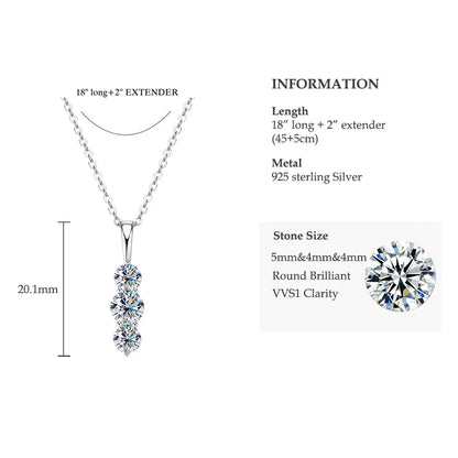 Anziw 1.1ctw. D Moissanite Pendant Necklace for Women 925 Silver Three-Stone Vertical Bar Pendants Adjustable Chain Jewelry Gift