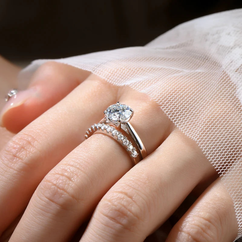 ANZIW 8mm 2.0ct Moissanite Wedding Ring Set Solitaire Diamond Engagement Ring Band for Women Full Eternity Band Girls 925 Silver