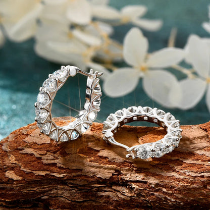 Anziw Luxury Hoops Sparking Full 3mm/4mm Moissanite Earrings Solid Silver 925 for Women Huggie Wedding Engagement Jewelry Gifts