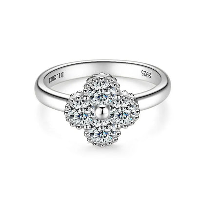 Anziw 0.30CT 4MM Moissanite Ring for Women Real 925 Silver Ring Fashion Clover Flower Finger Jewelry Christmas Valentine's Gifts