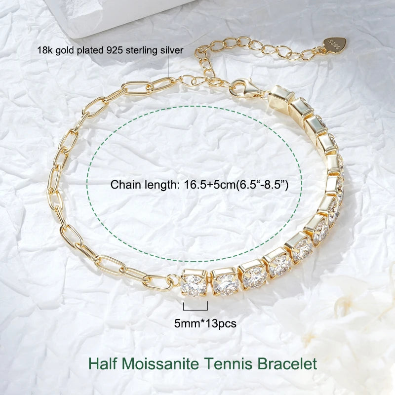 Anziw 925 Sterling Silver Plated 14K Gold Tennis Bracelet 3mm 5mm D VVS1 Round Moissanite Bracelets for Women Men Couples Gifts