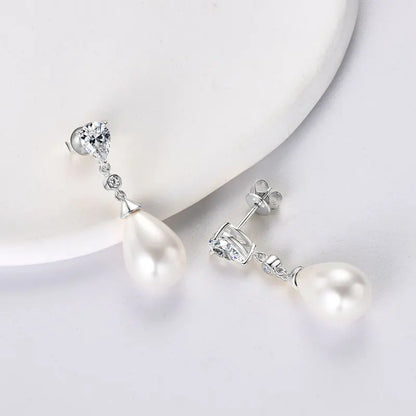 Anziw Elegant 925 Sterling Silver Earrings 13mm White Shell Pearl Drop Stud Earrings Engagement Wedding Fine Jewelry for Women