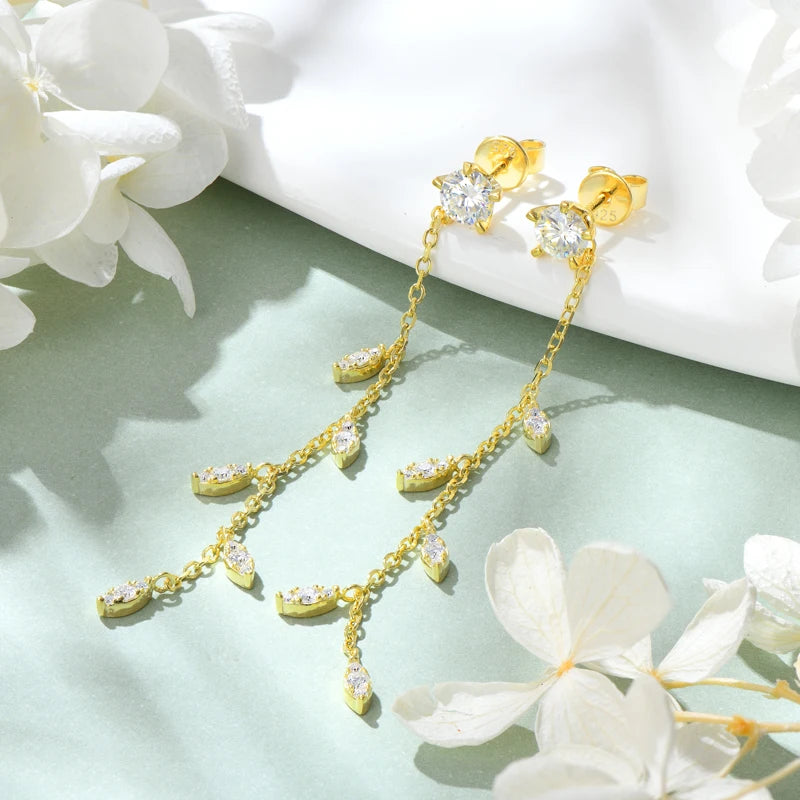 Anziw Leaf Dangle Long Drop Earrings Silver 925 for Women Real Moissanite Chandelier Earrings Wedding Jewelry Korean Accessories