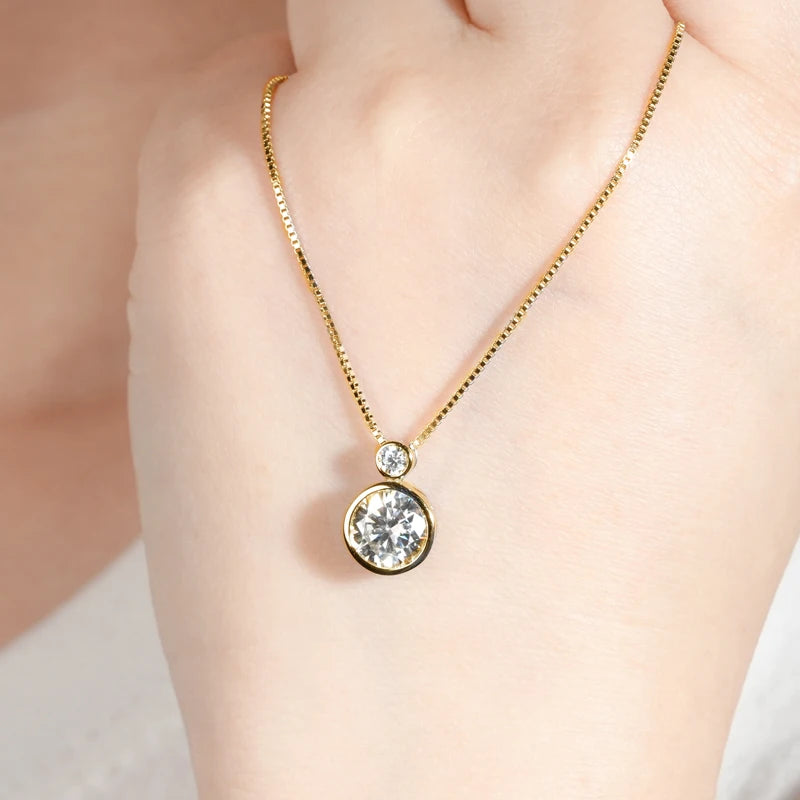 100% 925 Sterling Silver Necklace D2.10CT 8mm&3mm Bezel Setting Round Cut Moissanite Pendant Necklaces for Women S925 Box Chain