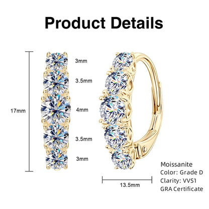 2025 New D VVS1 Moissanite 5 Stone Hoop Clip Earrings for Women Real 925 Silver Luxury Wedding Jewelry Lab Diamond 4mm&3.5mm&3mm