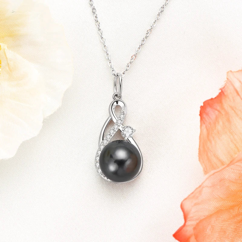 Anziw 10mm Freshwater/Tahitian Black Pearl Moissanite Infinity Pendant Necklace Silver 925 Wedding Jewelry for Women Gift 45+5cm