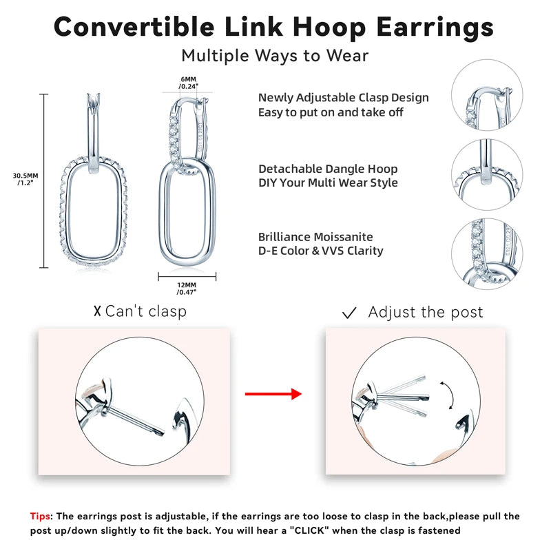 Anziw Convertible Paperclip Link Hoop Earring 925 Sterling Silver Round Moissanite Earrings Jewelry for Women Gift Wedding Party