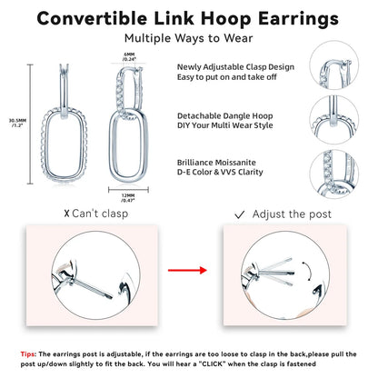 Anziw Convertible Paperclip Link Hoop Earring 925 Sterling Silver Round Moissanite Earrings Jewelry for Women Gift Wedding Party