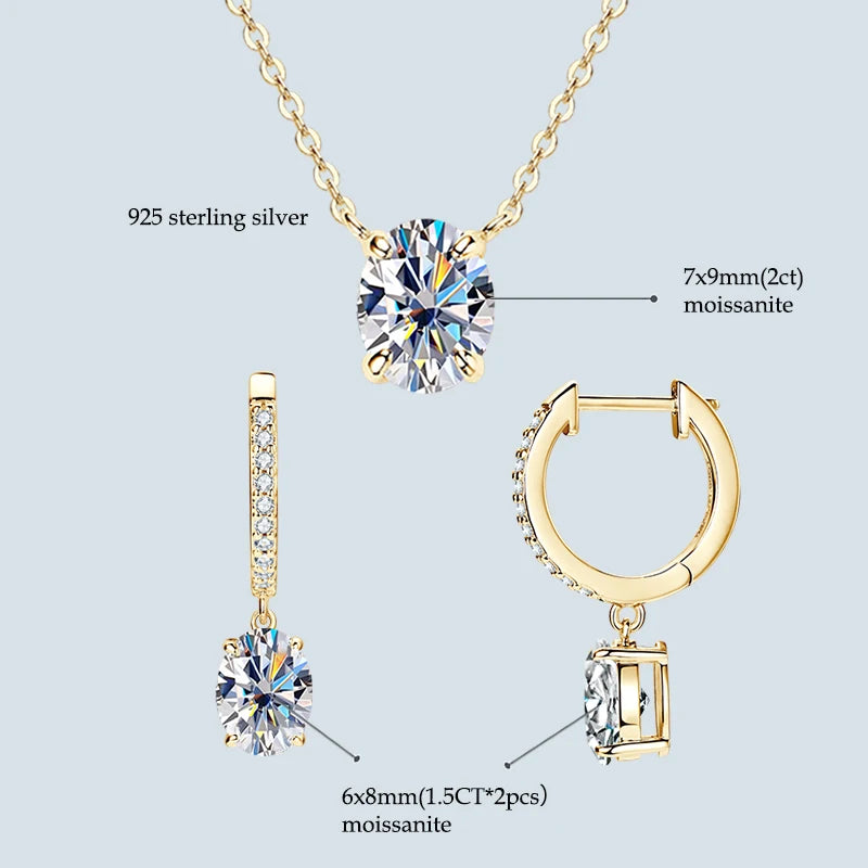 4.0cttw Oval Cut D Moissanite Jewelry Set Real 925 Silver Pendant Necklace and Luxury Hoop Earrings Sets for Women Trendy Gift