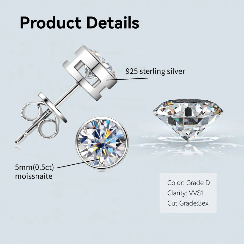 Anziw Bezel 5mm 6.5mm 1CT D Color Moissanite Earrings 925 Sterling Silver Plated K Gold Earrings for Men Women Gift Valentine's
