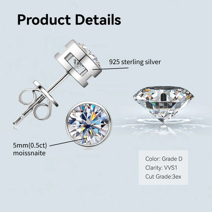 Anziw Bezel 5mm 6.5mm 1CT D Color Moissanite Earrings 925 Sterling Silver Plated K Gold Earrings for Men Women Gift Valentine's