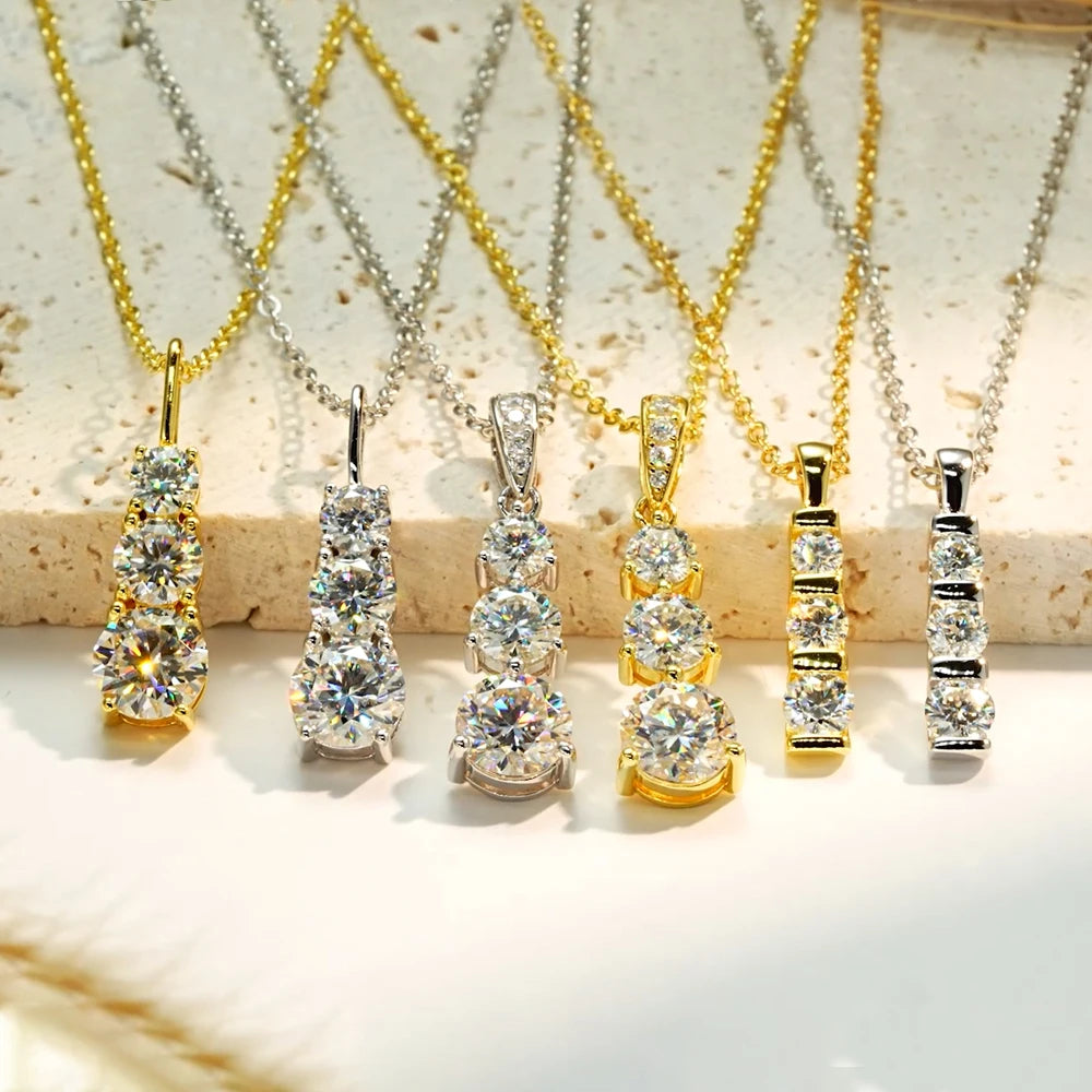 Real Certified Gradual Three Stone Moissanite Pendant Necklace 100% 925 Silver for Women Luxury Wedding Anniversary Jewelry Gift
