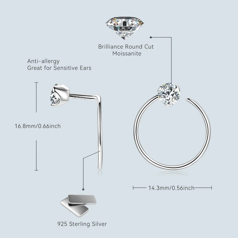 Anziw 100% 925 Silver Circle Piercing Earrings for Women 4mm 0.3ct Moissanite Earring Studs Threader Wedding Party Jewelry 2024
