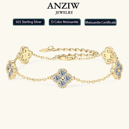 Anizw 2025 New 925 Silver Flower Clover Bracelet Moissanite 3mm for Women 18k Gold Plated Fine Jewelry Certified Lab Diamond D-E