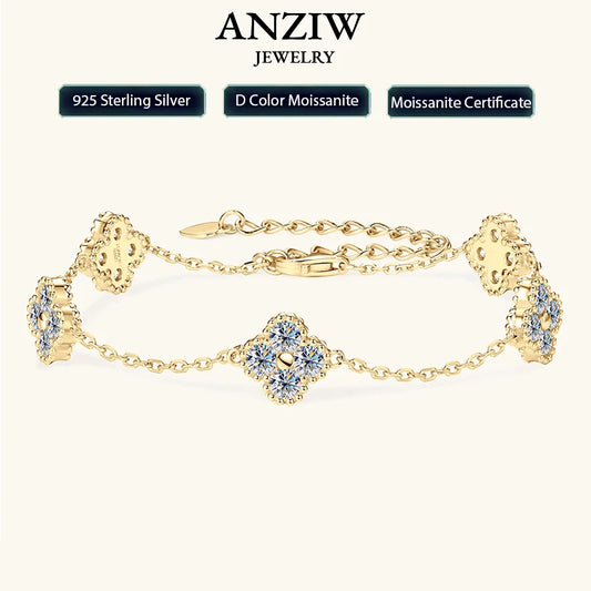 Anizw 2025 New 925 Silver Flower Clover Bracelet Moissanite 3mm for Women 18k Gold Plated Fine Jewelry Certified Lab Diamond D-E