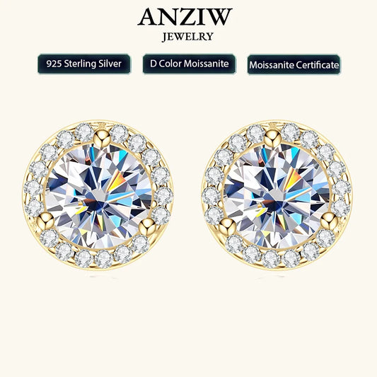 Classic 2CT 1CT 0.5CT D Moissanite Round Stud Earrings for Women Men 925 Silver 3 Claw Sparking Lab Diamond Certified Fine Jewel