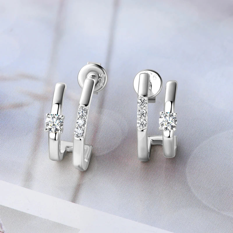 Anziw NEW 4mm Moissanite Piercing Stud Ear Cuffs 925 Sterling Silver Double Side Hoop Earrings for Women Illusion Jewelry Gifts