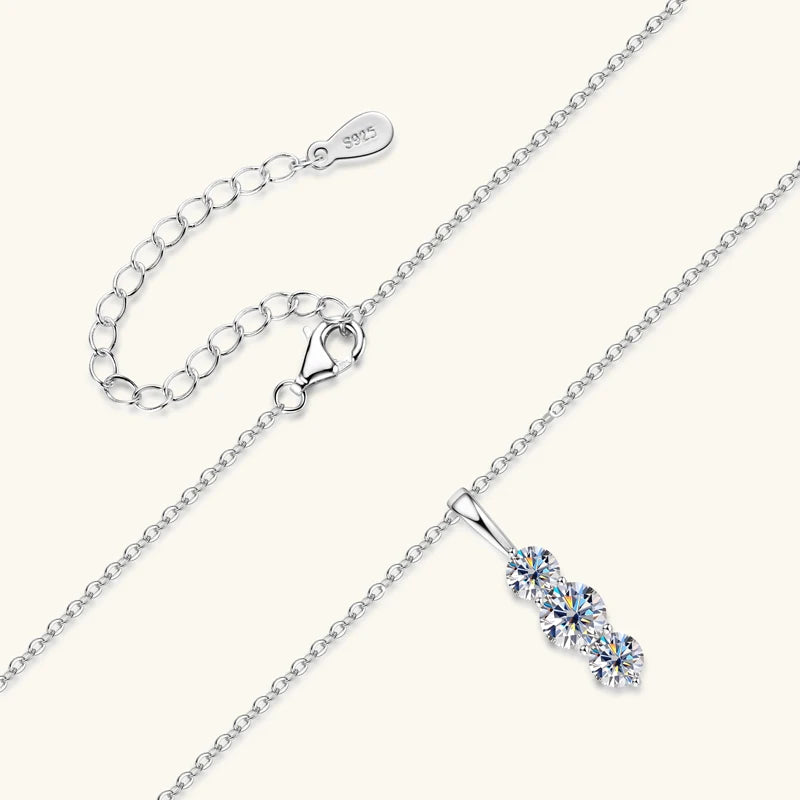 Anziw 1.1ctw. D Moissanite Pendant Necklace for Women 925 Silver Three-Stone Vertical Bar Pendants Adjustable Chain Jewelry Gift