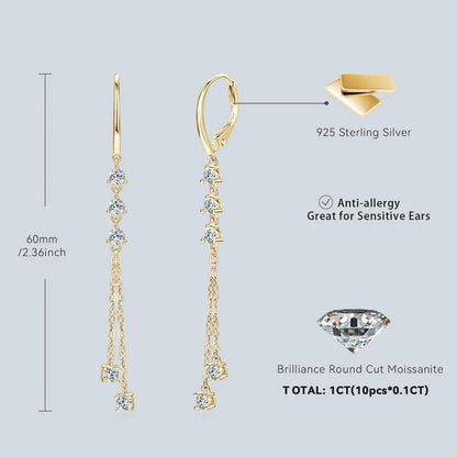 Anziw 6cm Long Tassel 3mm D Moissanite Drop Earrings for Women 925 Sterling Silver Hoop Clip Earrings Wedding Fine Jewelry Gifts