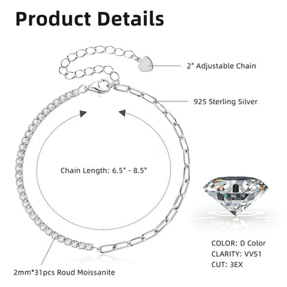 18k Gold Plated Half Tennis Bracelet 2mm 3mm D Moissanite Cuban Bracelet Real 925 Silver Chain for Women Men Certified Jewelry
