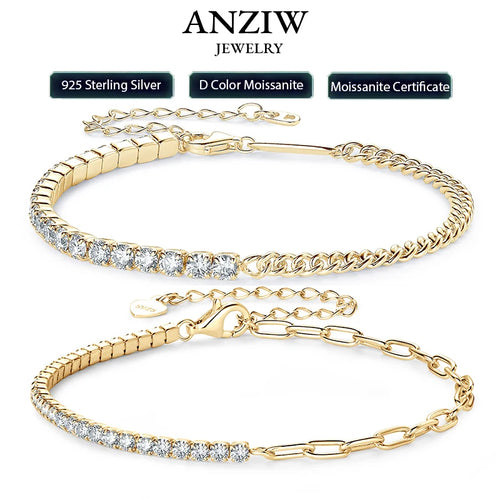 18k Gold Plated Half Tennis Bracelet 2mm 3mm D Moissanite Cuban Bracelet Real 925 Silver Chain for Women Men Certified Jewelry
