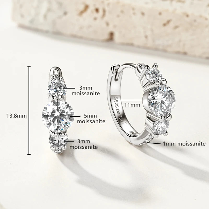 Anziw Classic 6.5mm&4mm&1.3mm D Moissanite 3-Stone Hoop Huggies Earrings 925 Silver Fine Jewelry Valentine's Day Gift for Women