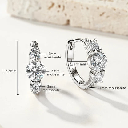 Anziw Classic 6.5mm&4mm&1.3mm D Moissanite 3-Stone Hoop Huggies Earrings 925 Silver Fine Jewelry Valentine's Day Gift for Women