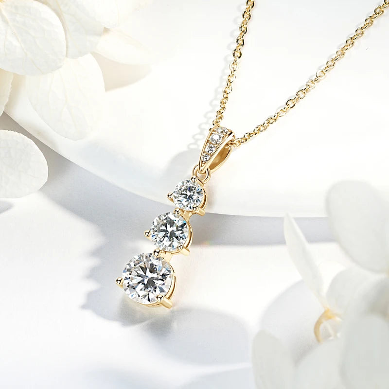 925 Silver D1.85CT Moissanite Necklace Certified Gradual Three Stone Pendant Collar Wedding Anniversary Jewelry Gift for Women