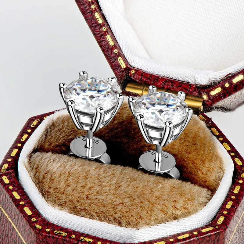 Classic 3.0CT D Color Moissanite Men Earrings Original 925 Silver 2CT Round Diamond Piercing Studs Wedding Party Women's Jewelry