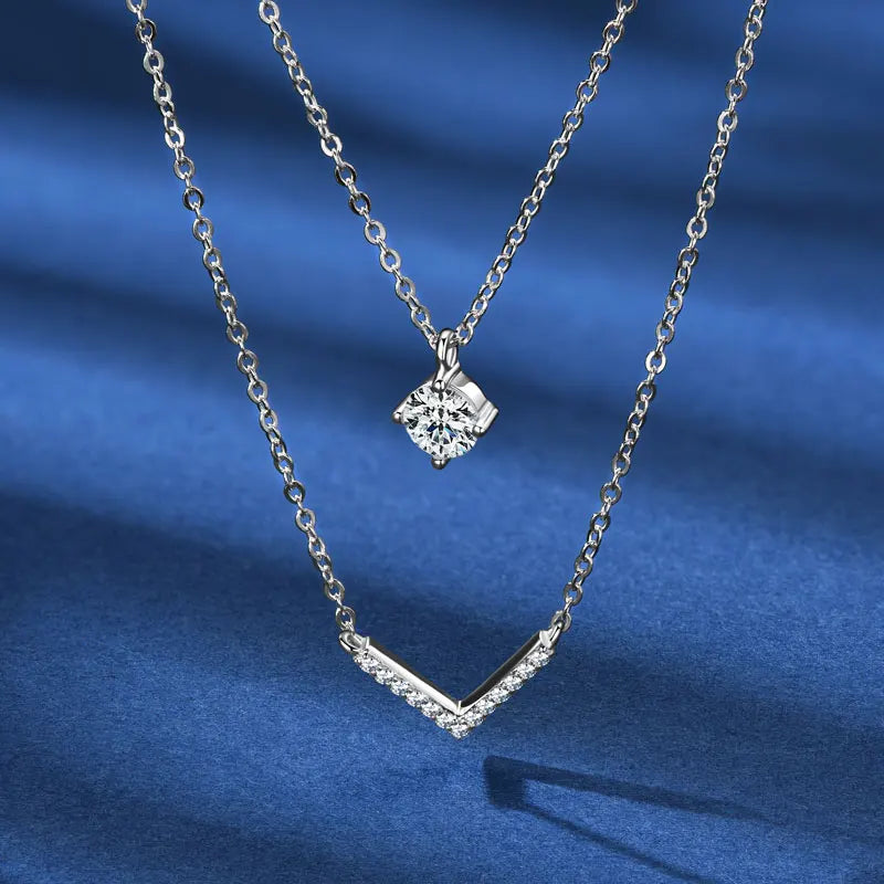 Anziw V Letter 5mm Moissanite Pendant Double Layer Necklace for Women 925 Sterling Silver Chain Clavicle 2025 New Jewelry Gifts
