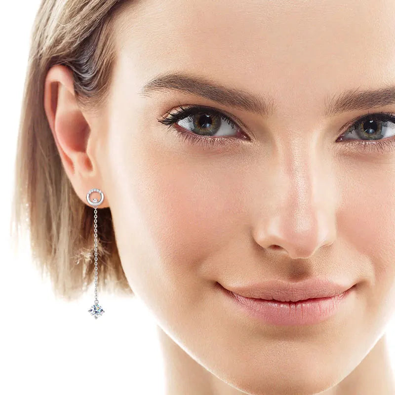 Anziw 6.5mm 1.0ct D Moissanite Drop Earrings for Women 925 Silver Circle Stud Long Chain Dangle Earrings Certified Jewelry Gifts