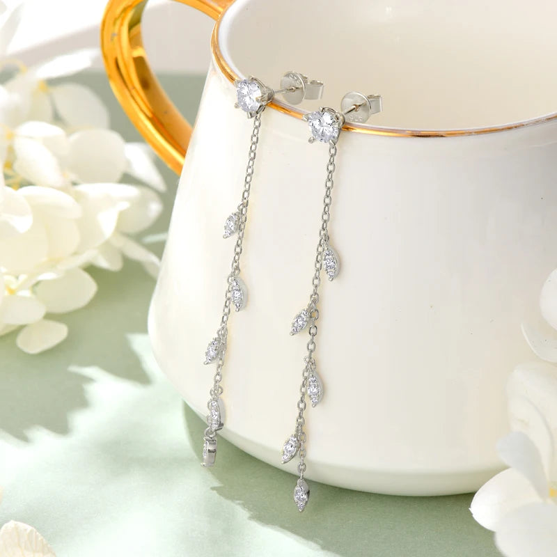 Anziw Leaf Dangle Long Drop Earrings Silver 925 for Women Real Moissanite Chandelier Earrings Wedding Jewelry Korean Accessories