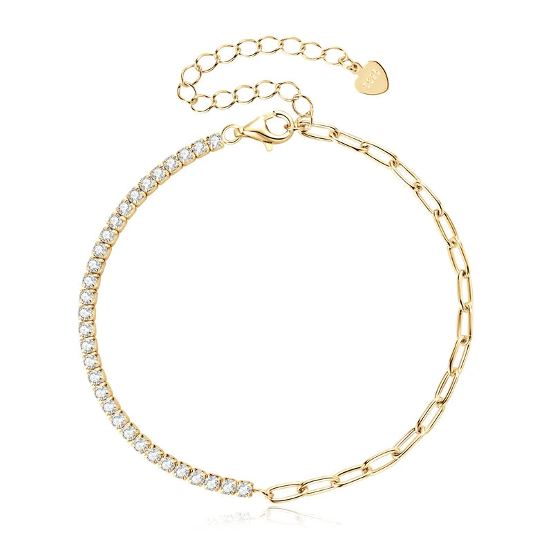 18k Gold Plated Half Tennis Bracelet 2mm 3mm D Moissanite Cuban Bracelet Real 925 Silver Chain for Women Men Certified Jewelry