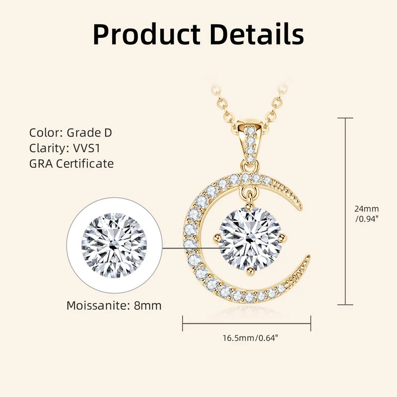 Anziw 8mm 2.0CT D Moissanite Sun Crescent Pendant Necklaces For Women 925 Silver Adjustable Chain Charm Certified Jewelry Gifts