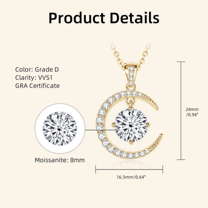 Anziw 8mm 2.0CT D Moissanite Sun Crescent Pendant Necklaces For Women 925 Silver Adjustable Chain Charm Certified Jewelry Gifts