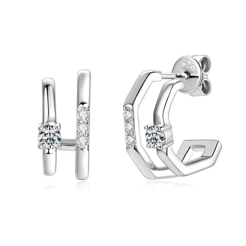 Anziw NEW 4mm Moissanite Piercing Stud Ear Cuffs 925 Sterling Silver Double Side Hoop Earrings for Women Illusion Jewelry Gifts