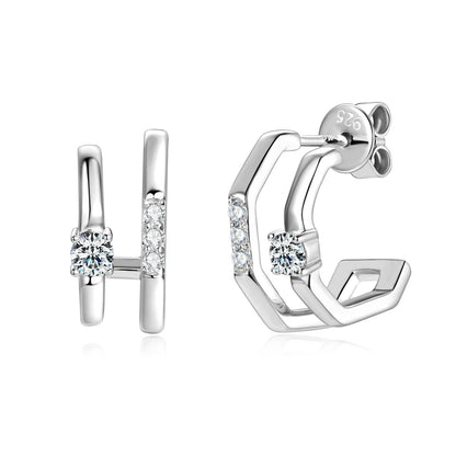 Anziw NEW 4mm Moissanite Piercing Stud Ear Cuffs 925 Sterling Silver Double Side Hoop Earrings for Women Illusion Jewelry Gifts