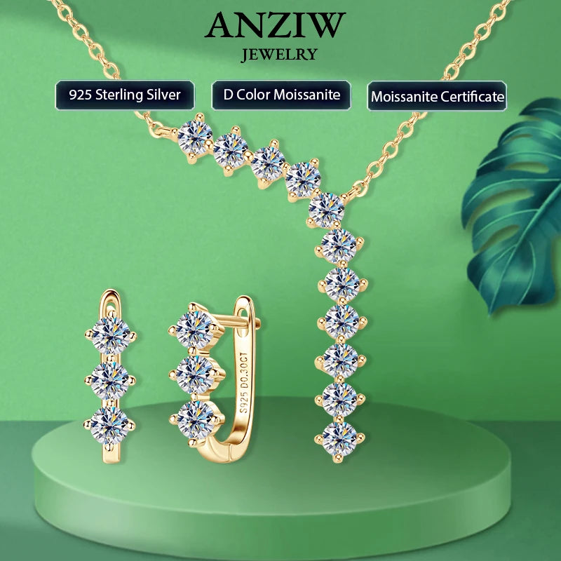 Anziw Luxury 1.7cttw Moissanite Diamond Jewelry Sets 925 Sterling Silver Necklace Hoop Earrings for Women Wedding Party Jewelry