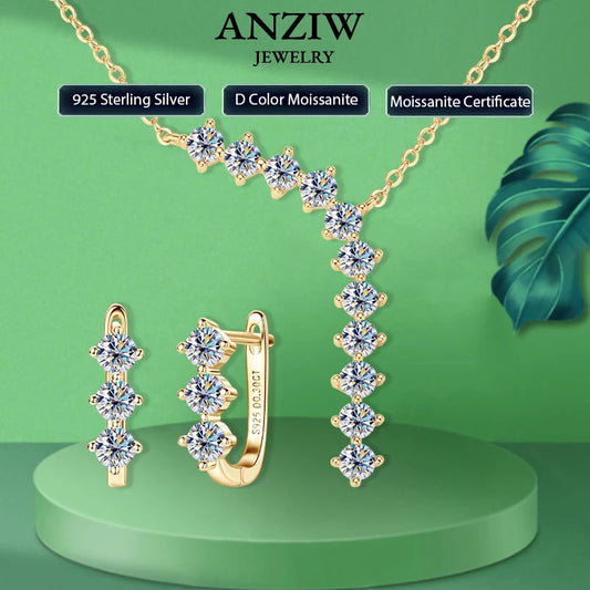 Anziw Luxury 1.7cttw Moissanite Diamond Jewelry Sets 925 Sterling Silver Necklace Hoop Earrings for Women Wedding Party Jewelry